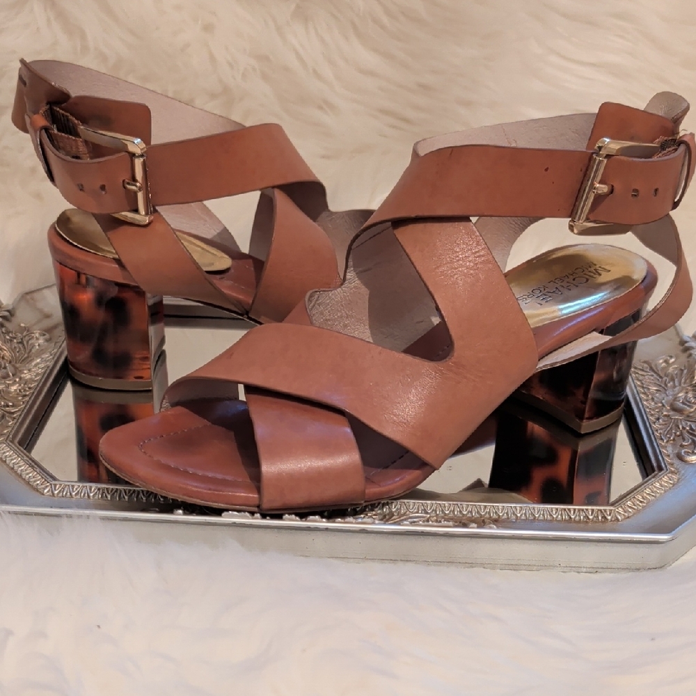 Michael Kors Tan Strappy Heels with Tortoise Accents